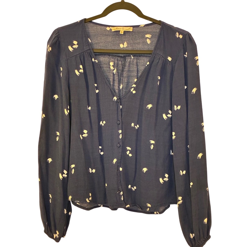 Willow & Root Navy Blue Abstract Brushstroke Button Down Blouse Large L Sleeve